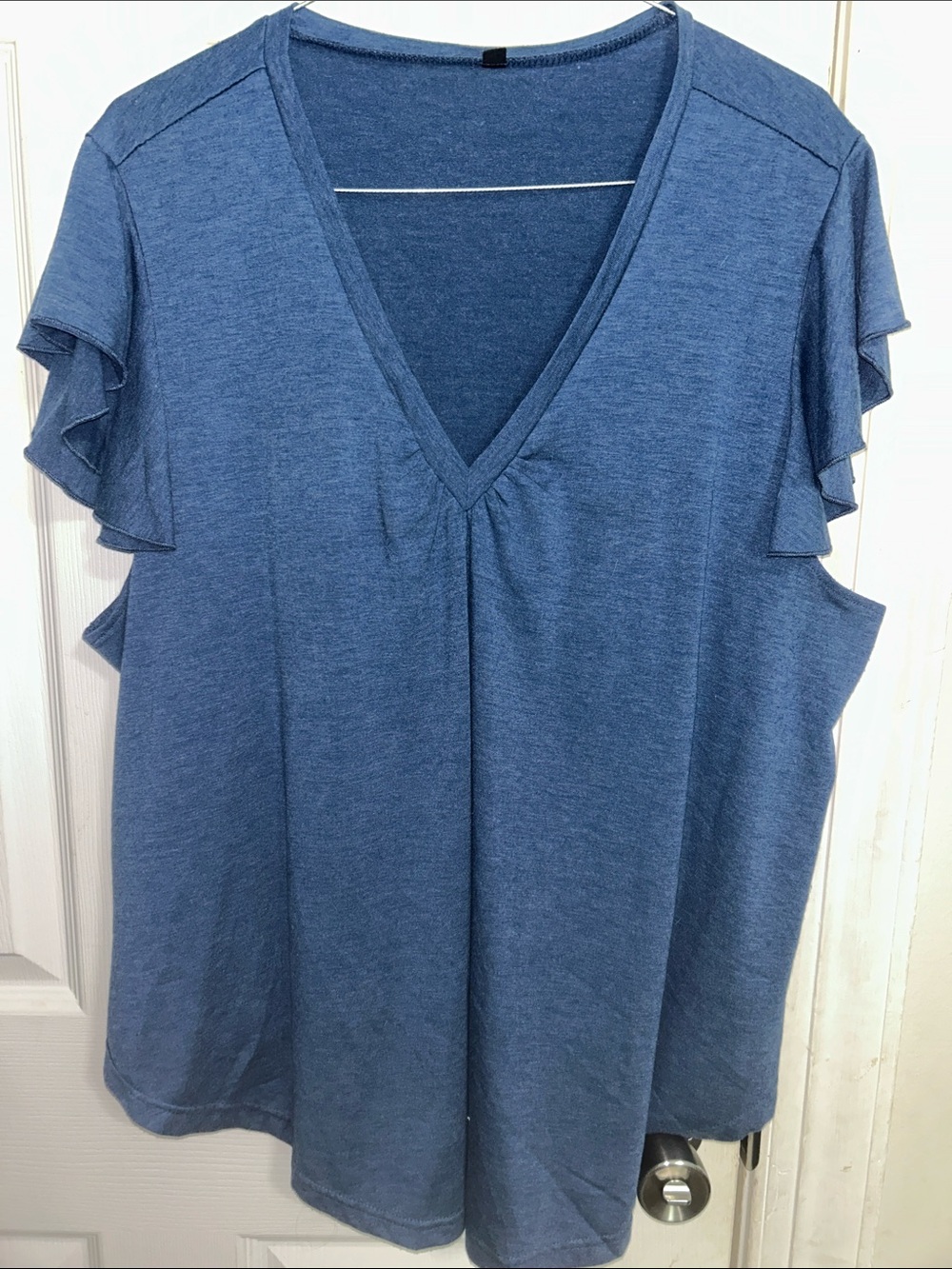 Women's Blue V-Neck Short Sleeve Ruffle Tee